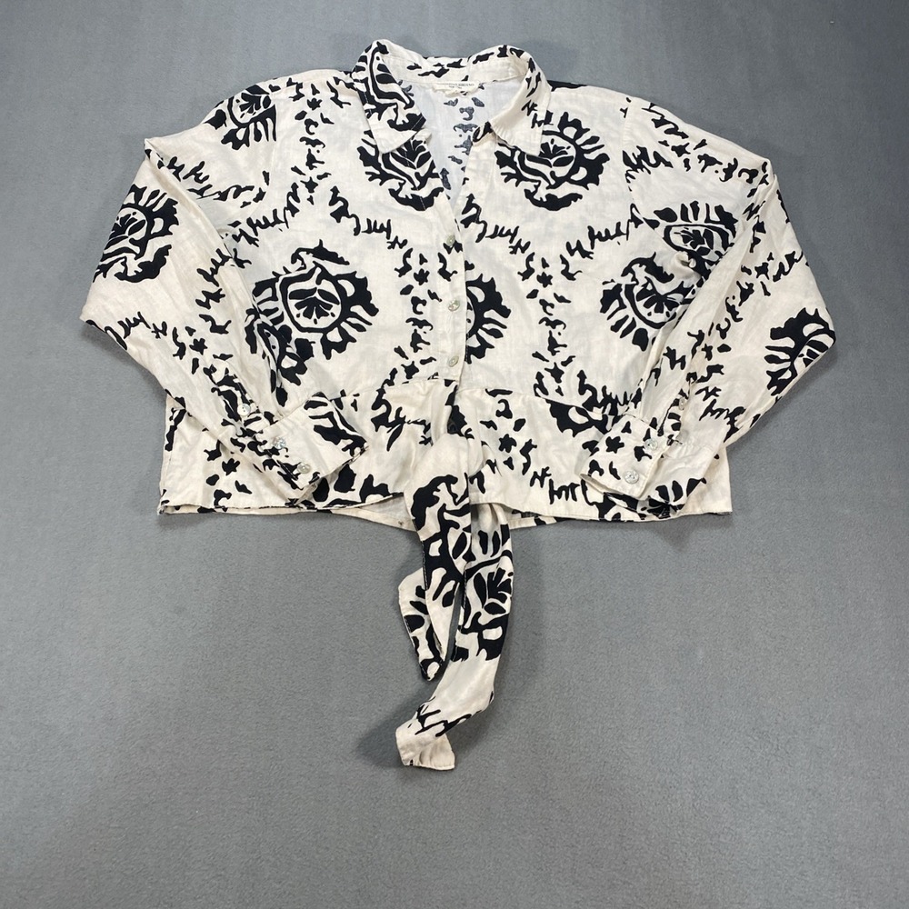 Christian Siriano Women's XL Linen Blend Tie Front Top Beige Black‎ Leaf Print